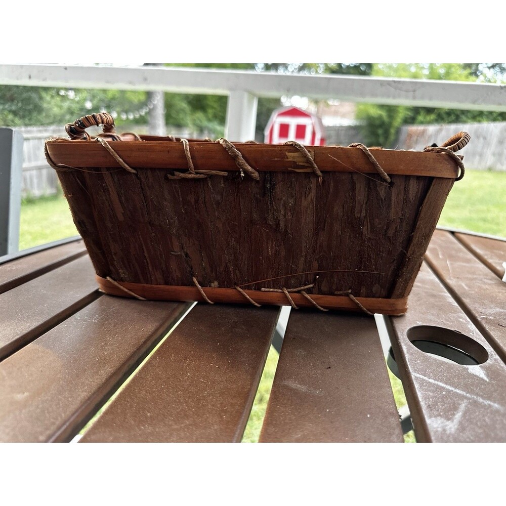 Vintage Tree Bark Basket Rectangular Wood Box Twig Rustic Braided Handles